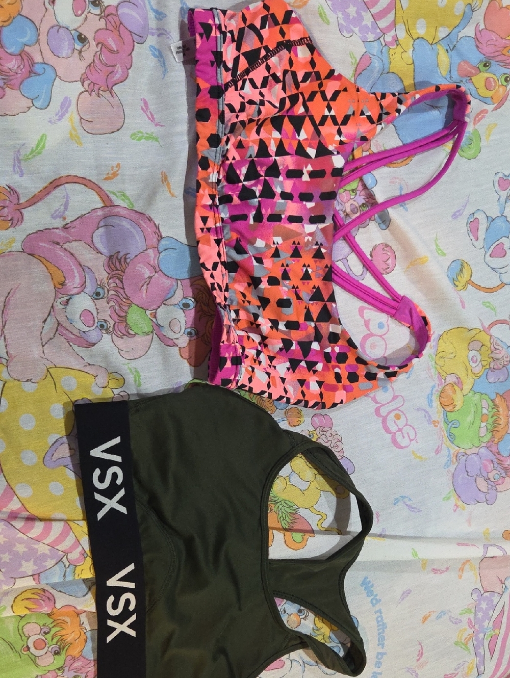 Victoria's Secret Olive & Neon Pink Geometric Sports Bra Duo Medium